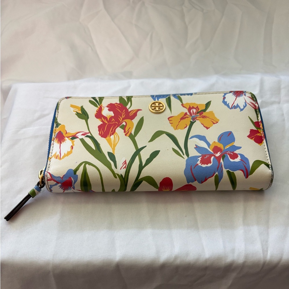 Tory Burch Floral Zip Around Continental Wallet Blue Leather Gold Hardware